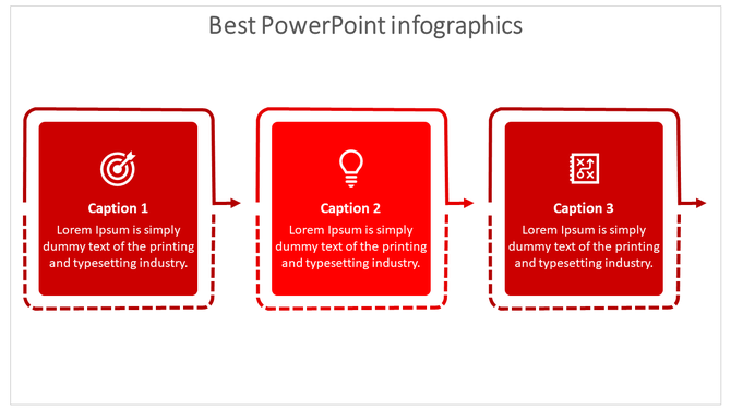 Three step red infographic with square boxes, icons inside, dashed outer frames, and arrows connecting each section.
