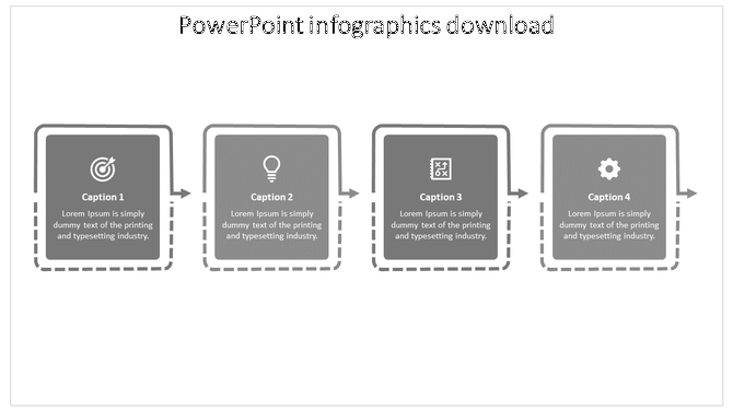 Four step grayscale infographic with square boxes, icons inside, dashed outer frames, and arrows linking each stage.