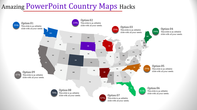 Map of the US, showcasing highlighted states like WA, SD, and NC, paired with captions and data percentages.