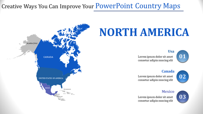 North America map highlighting Canada, USA, and Mexico in blue tones, with numbered circles for each country.