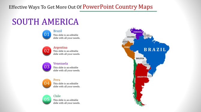 South American slide country map with highlighted regions and labels for countries such as Brazil, Argentina, and Venezuela.