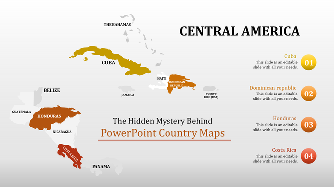 Central America map with Cuba, Dominican Republic, Honduras, and Costa Rica marked in bright colors with caption areas.