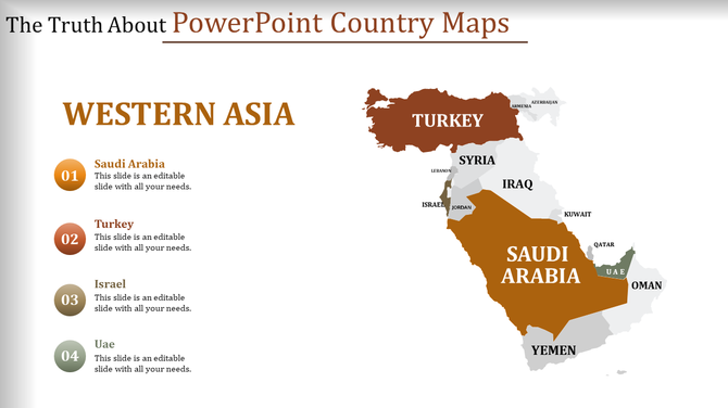 Map of Western Asia highlighting Saudi Arabia, Turkey, Israel, and UAE in distinct colors with labeled captions areas.