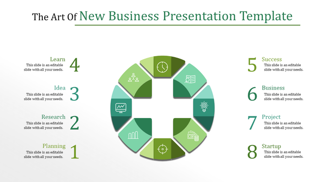 Circular business infographic with eight labeled segments surrounding icons like clocks, charts, and money.