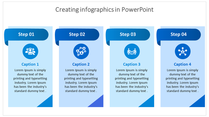 Four-step infographic slide with color-coded sections, icons, and text areas for custom caption areas in each step.
