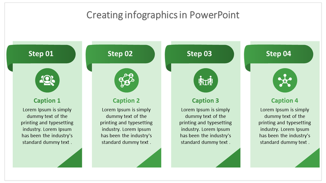Infographic template with four steps, each featuring a green colored box and a corresponding icon.