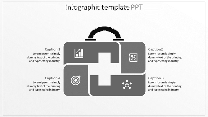 Infographic slide with icons representing analytics, strategy, target goals, and connections within a grey suitcase design.