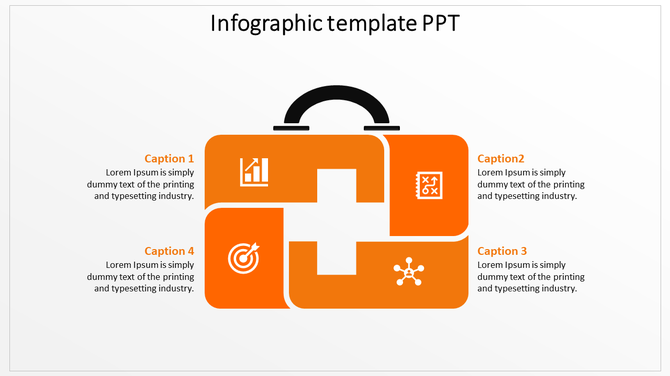Infographic shaped like a suitcase with four orange quadrants, icons inside, a white cross, and text placeholders.