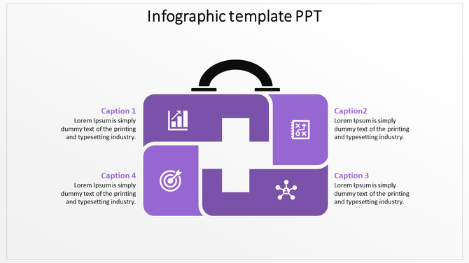 Infographic template with four purple blocks containing icons and captions, arranged in a suitcase like layout.