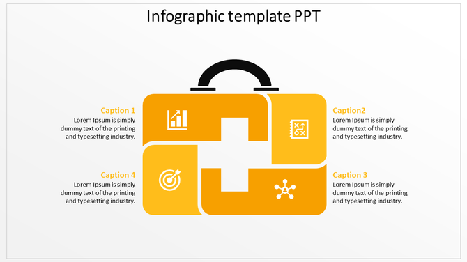 Infographic slide with icons representing analytics, strategy, target goals, and connections within a yellow suitcase design.