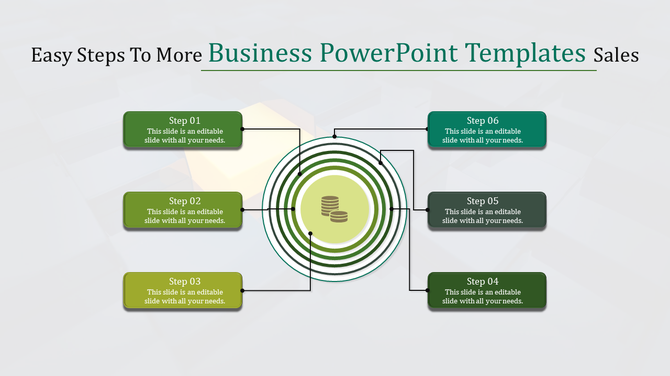Infographic showing six sequential steps around a central circle with stacked coin graphic for business processes.