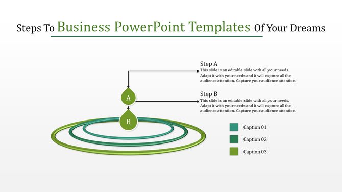 Business PowerPoint template with concentric circles and two steps labeled A and B, featuring captions.