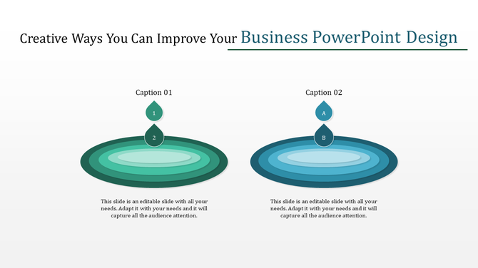 Two layered oval diagrams with green and blue gradients, each topped with teardrop markers labeled 1, 2, A, and B.