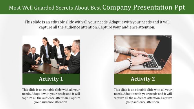 Two images with green headers shows a business meeting, and hands working on a laptop, labeled activity 1 and 2.