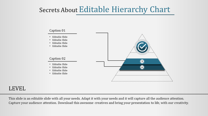 Slide featuring a pyramid with two blue sections, linked to captions on the left for a structured hierarchy.