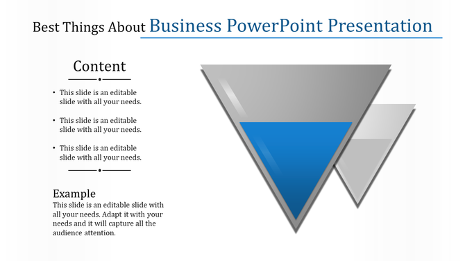 Business PowerPoint slide with three triangular shapes, featuring a blue triangle in the center and two gray triangles.