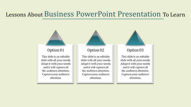 PowerPoint slide with three options, each represented by a triangle shape and a text box for business presentation lessons.
