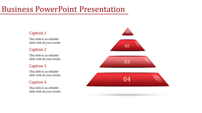 Four-layer red pyramid illustration for business with numbers 01 to 04 on each tier, accompanied by placeholder text areas.