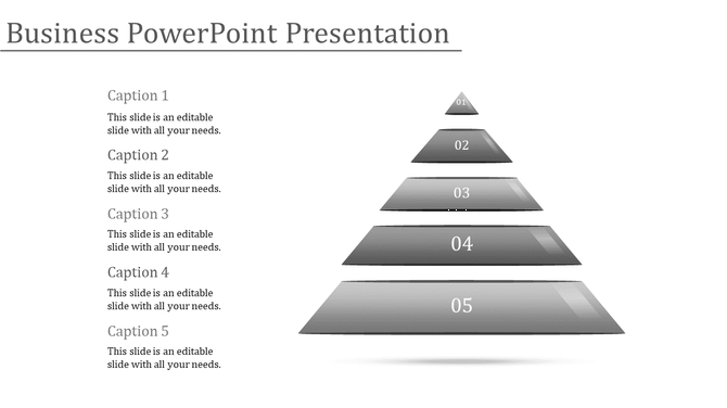 Gray pyramid diagram PowerPoint template with five levels, each labeled from 01 to 05, paired with captions.