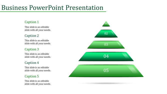 Five-step green pyramid diagram for business with gradient effect, each layer numbered and described with captions on the left.