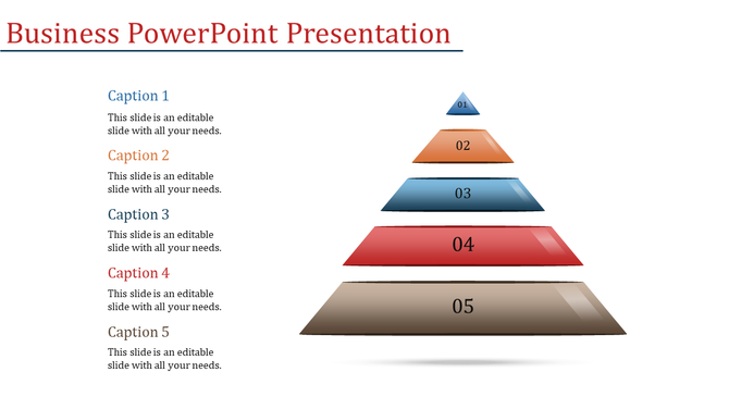 Multicolor pyramid diagram with five levels, numbered 01 to 05, each in a different color, and captions listed on the left.