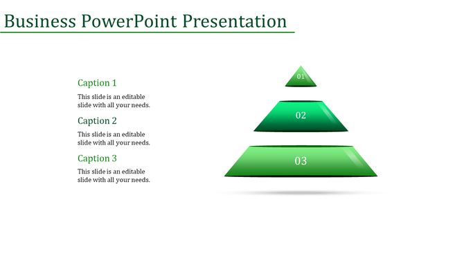 Business PowerPoint slide featuring a pyramid with three layers labeled 01, 02, and 03, with green gradient colors.
