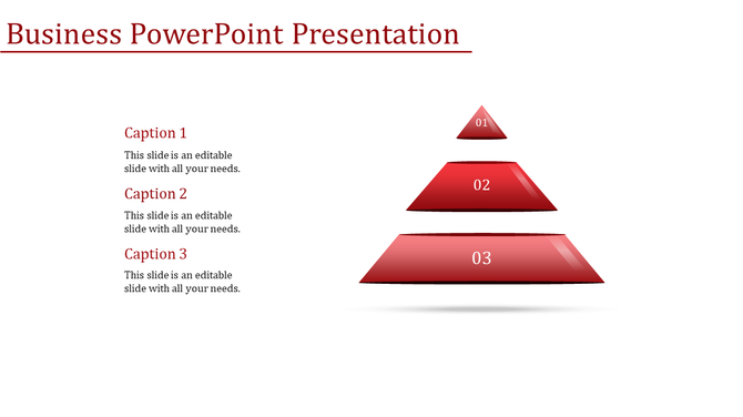 Business PowerPoint slide featuring a red pyramid with three layers labeled 01, 02, and 03, with captions.