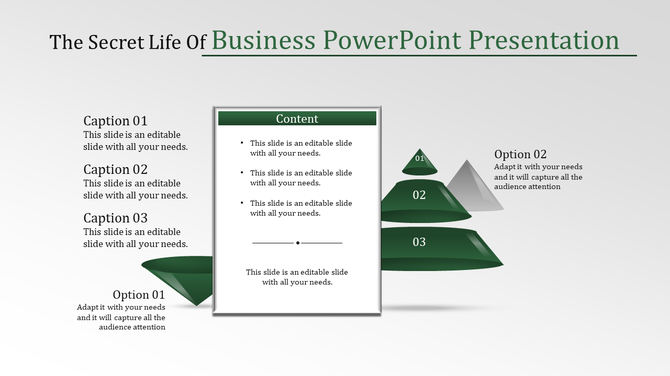Layered green pyramid for business plan with three steps labeled 01 to 03, alongside content box and with caption areas.