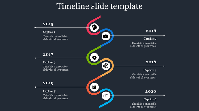 Slide layout showing a vertical timeline with a colorful curved line connecting six milestones marked by icons and years.