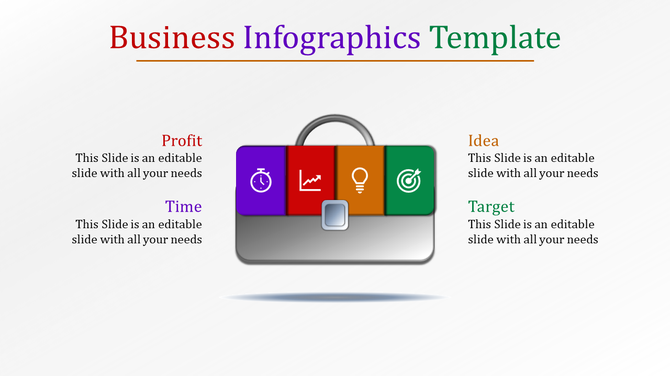 Business infographic slide showing a silver briefcase with four colorful sections for time, profit, idea, and target.
