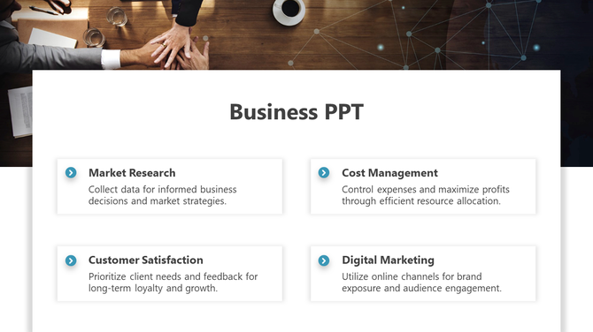 Business PowerPoint slide with four key business strategies from Market Research to Digital Marketing with descriptions.