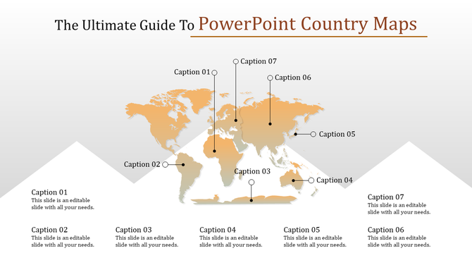 PowerPoint map slide featuring multiple countries with captions pointing to specific locations on the world map.