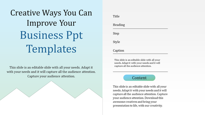 Split slide featuring left blue gradient background with title and right with text fields and a content button.