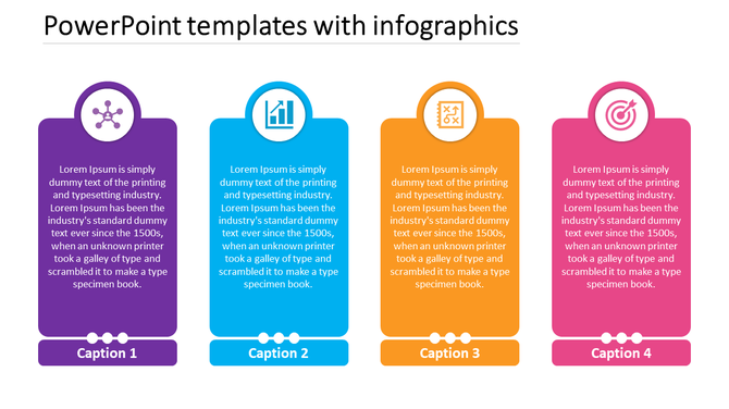 Four colorful vertical infographic blocks in purple, blue, orange, and pink, each with icons and captions.