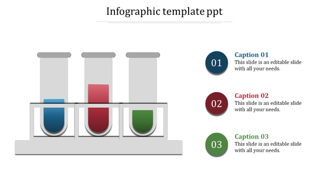 PowerPoint infographic template featuring three test tubes filled with different colors, each labeled with numbers.