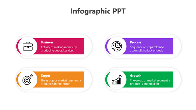Infographic with four colorful sections: pink, purple, orange, and green, each containing icons and descriptions.
