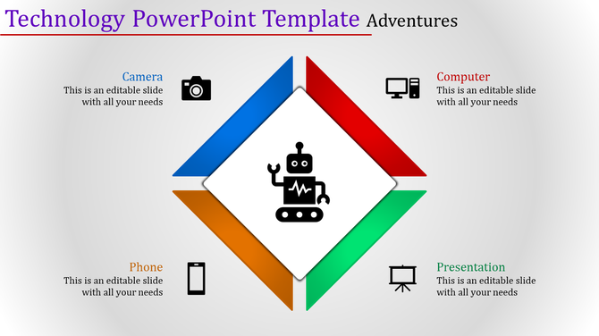Technology slide with blue, red, orange, and green arrows pointing to icons like camera, computer, and phone.