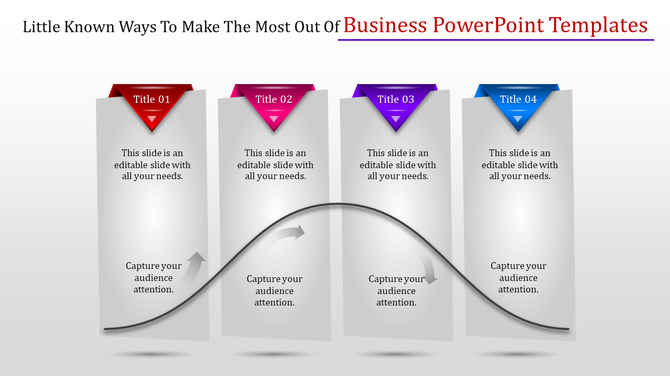 Business PowerPoint template featuring four text box with colored triangular titles and arrows with a curved line.
