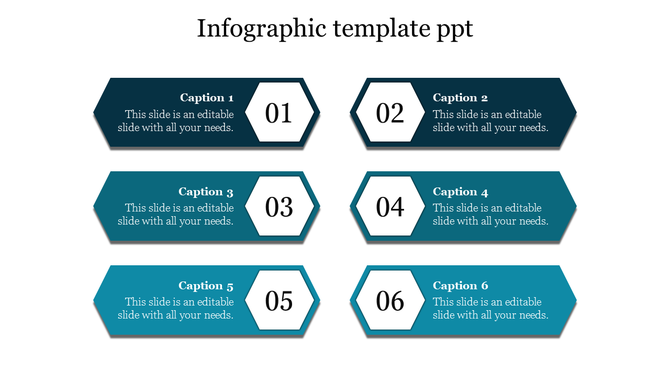 Six horizontal banners with hexagonal number labels, arranged in two rows of three, in shades of blue and teal.