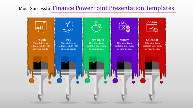 Slide with colorful paintbrushes, each representing finance concept Growth, Pay, Piggy Bank, Money, and Calendar with icons.