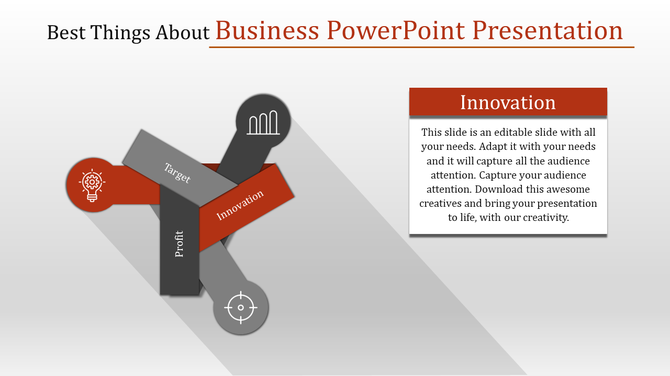 Business slide with three arrows labeled target, innovation, and profit, featuring icons for ideas, growth, and focus.