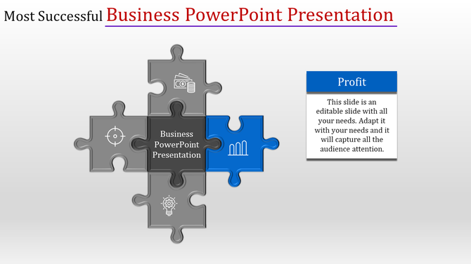 PowerPoint template displaying puzzle pieces with business related icons and a caption for Profit.