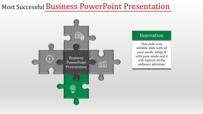 Jigsaw style layout with gray puzzle pieces and a green piece for innovation, featuring business presentation text.