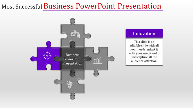 Business PowerPoint presentation slide with puzzle pieces and icons representing innovation, money, target, and growth.