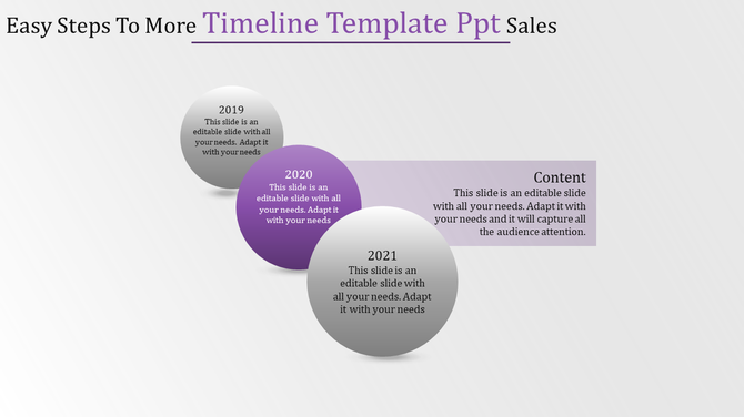 Timeline infographic with years 2019, 2020, and 2021 shown on three spheres, with 2020 highlighted in purple.