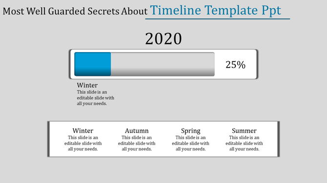 Timeline slide with a progress bar for 2020, marking 25 percent, with seasons below Winter, Autumn, Spring, and Summer.