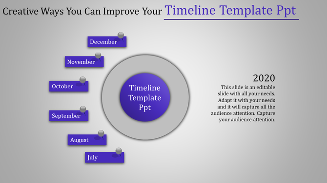 Timeline diagram featuring a circular design, with months listed in purple blocks, and 2020 text on the right.
