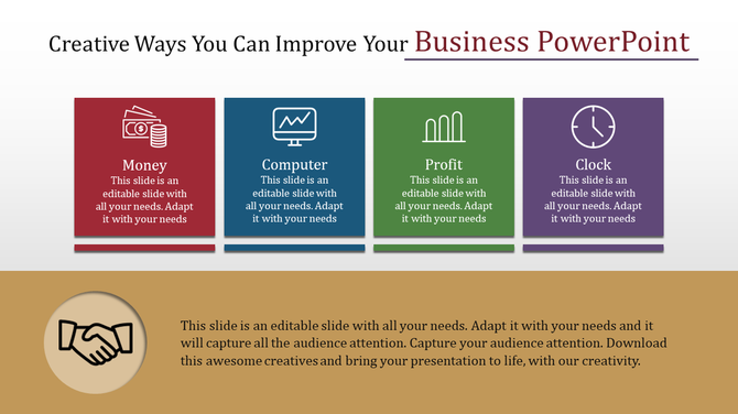 PowerPoint slide with four sections Money, Computer, Profit, and Clock, each with an icon and caption.