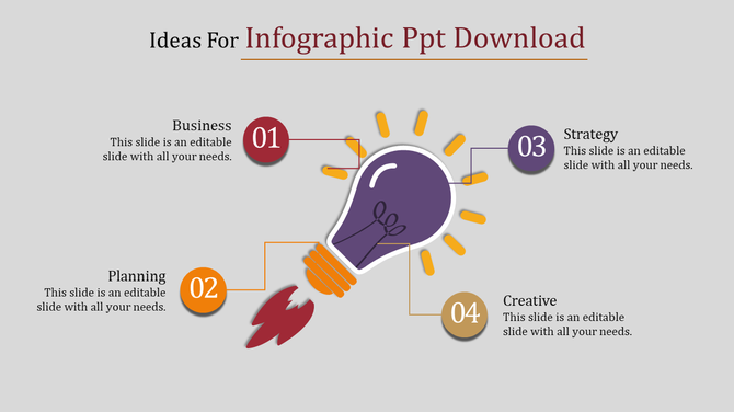 Infographic ideas template with a light bulb in the centre with four numbered caption areas.