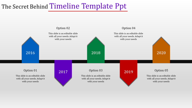 Colorful timeline template with arrow markers for years 2016 to 2020, each labeled with options and placeholder text areas.